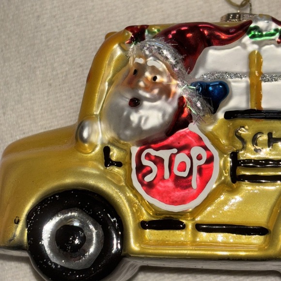 School Bus Christmas Tree Glass Ornament with Santa Claus Driver - Picture 3 of 12